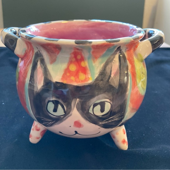 Hand Painted Ceramic Tripod Cat and Roses Caldron wishing  Bowl 7”x5” Original - Picture 1 of 13